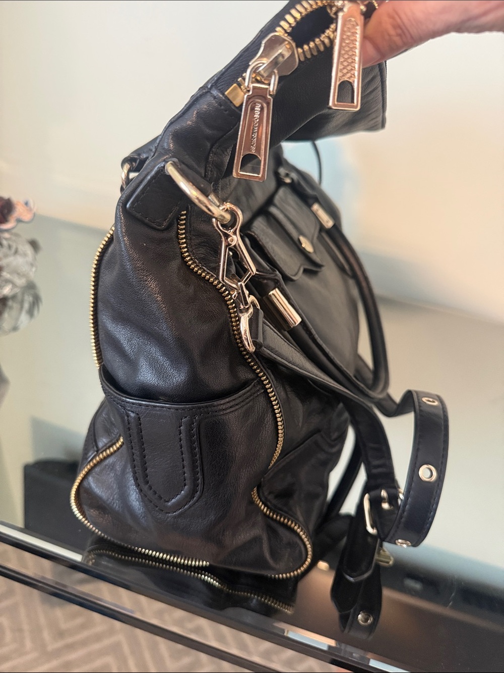 Rebecca Minkoff Black Leather Fold-Over Satchel with Gold Hardware - Picture 5 of 10